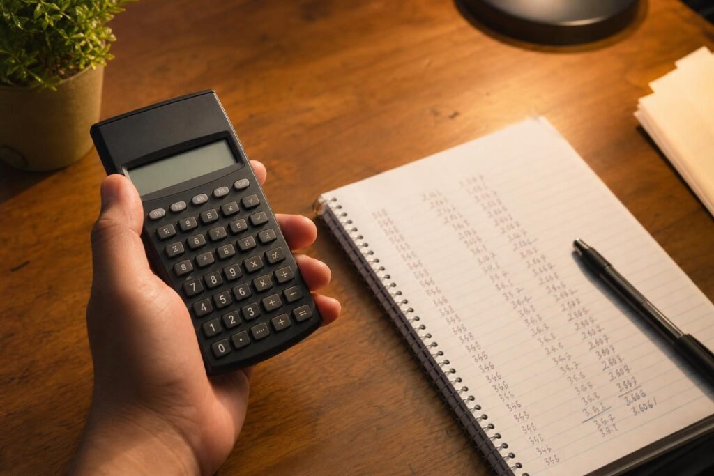 電卓で金利や返済額を計算している手元