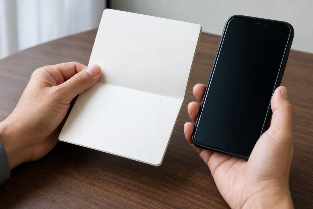 銀行口座の通帳とスマートフォンを手にする様子
