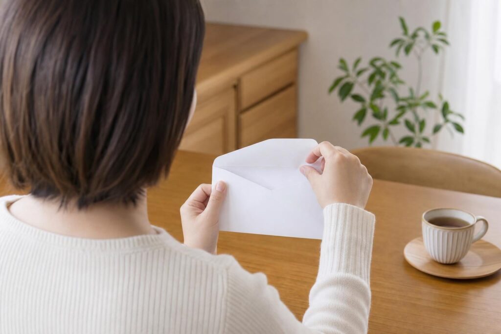 自宅で封筒を開ける手元の様子
