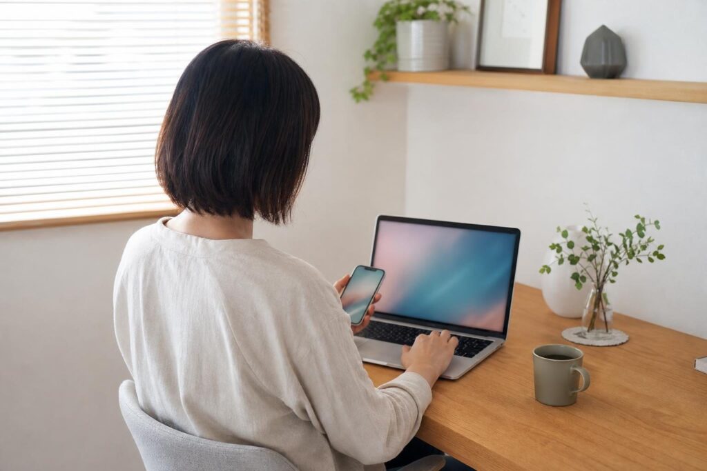 自宅でスマホと書類を見比べる様子
