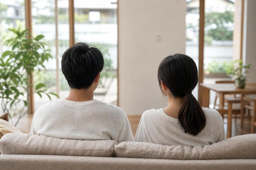 自宅のソファに並んで座る夫婦の後ろ姿