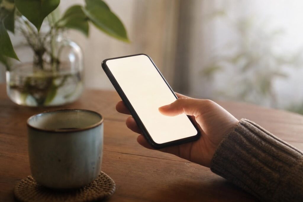 スマートフォンの画面を見つめる手元のアップ