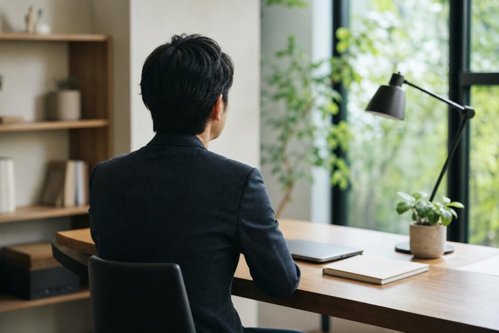 自宅の書斎で考え事をする後ろ姿の写真