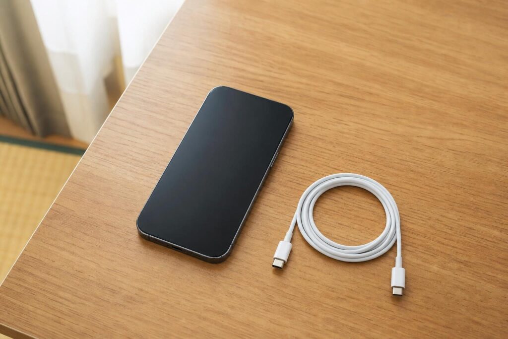 机に置かれたスマートフォンと充電ケーブル