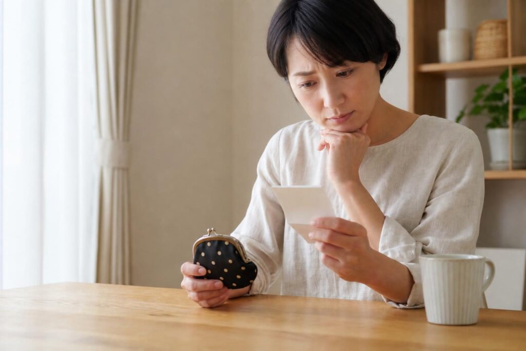 レシートを見ながら小銭入れを持つ手元の写真