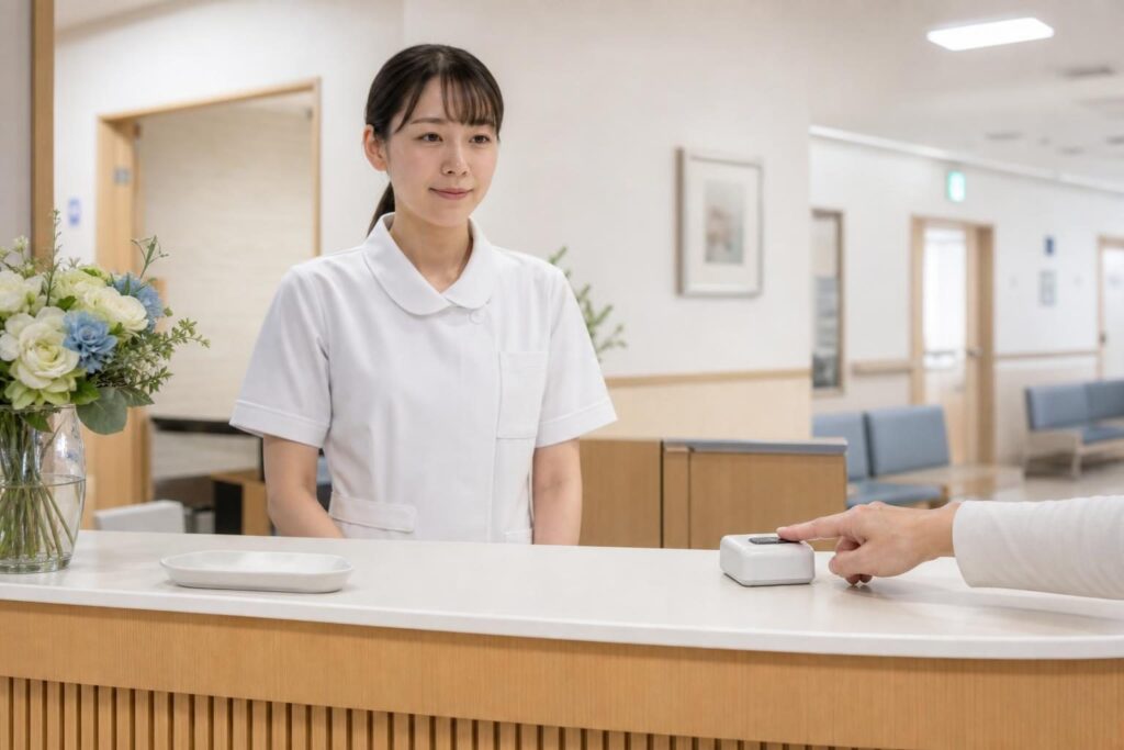 病院の受付で呼び出しボタンを押す手元
