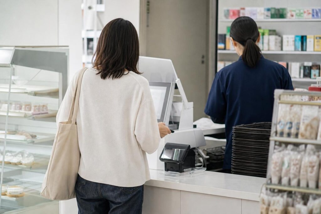 コンビニのレジで会計をする後ろ姿