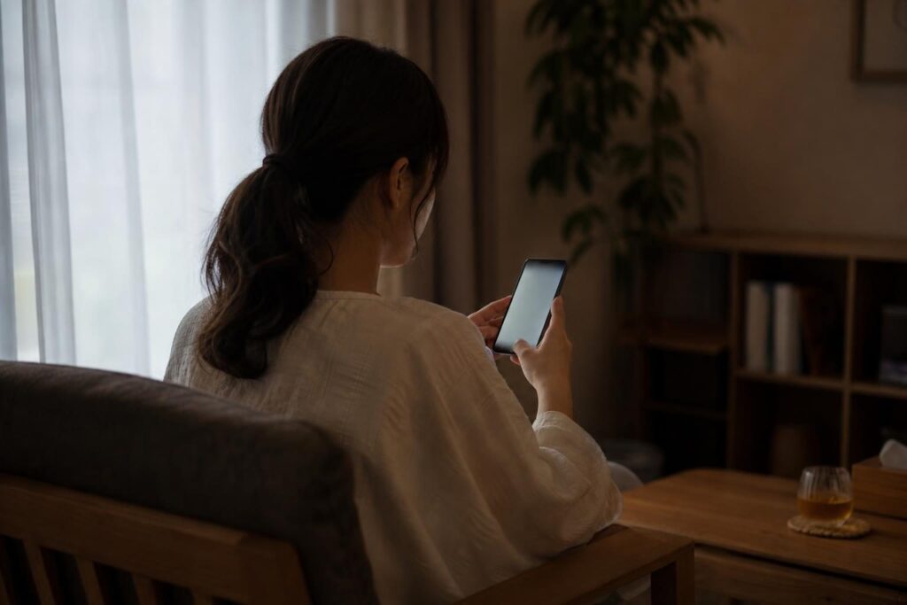 スマートフォンの着信画面を見る後ろ姿