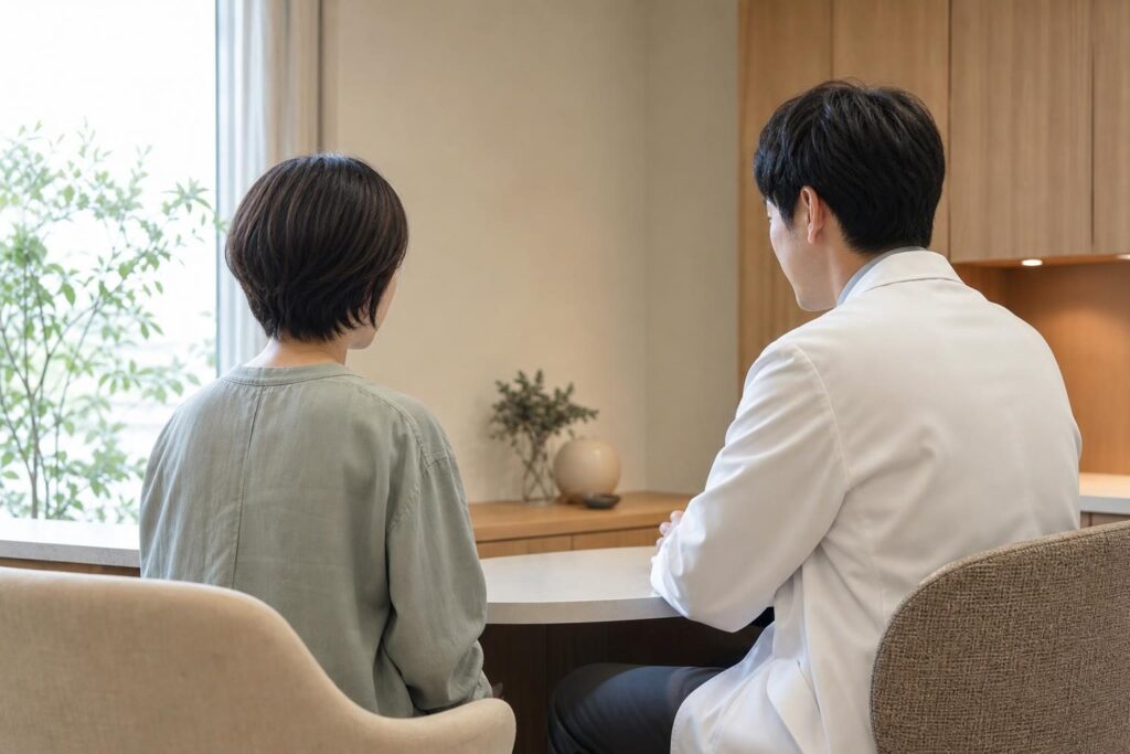 病院の相談室で向き合って座る後ろ姿の二人