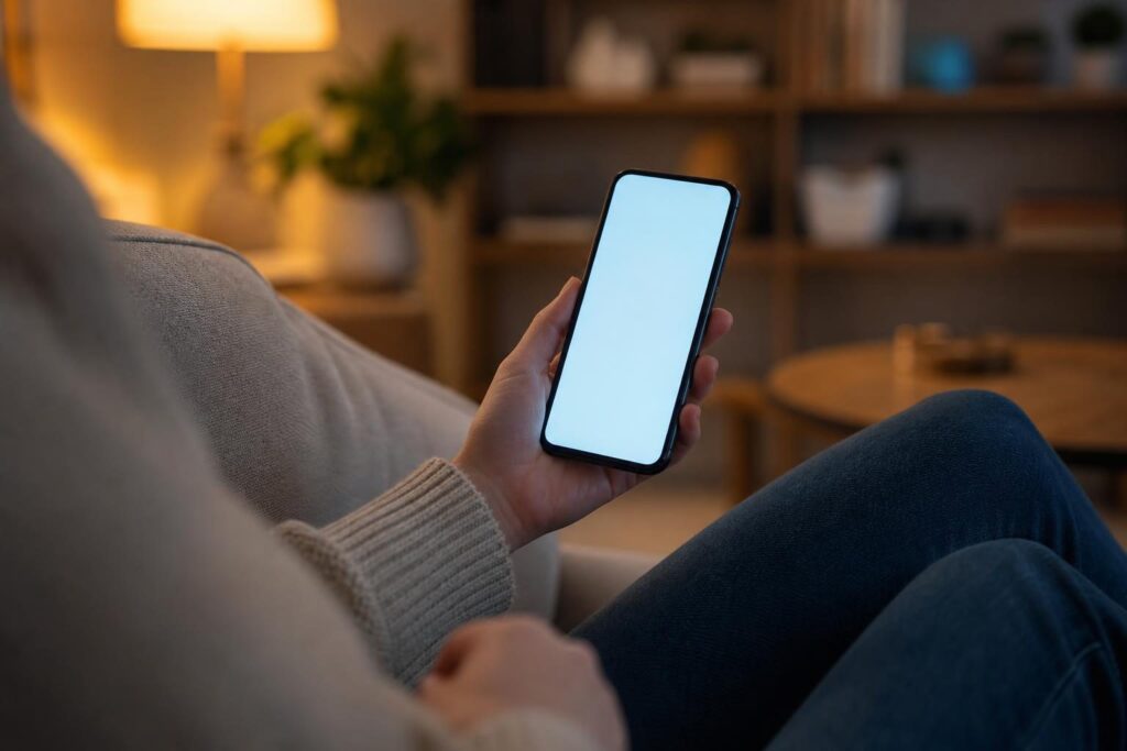 スマートフォンを不安そうに見る手元