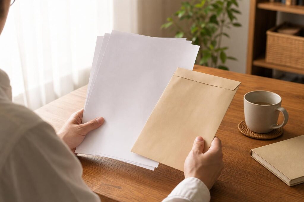 書類を手に持ち確認する手元の様子