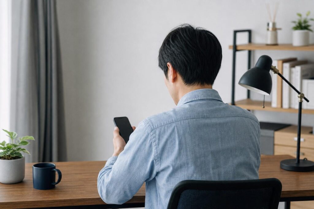 スマートフォンの画面を注意深く確認する人物の後ろ姿