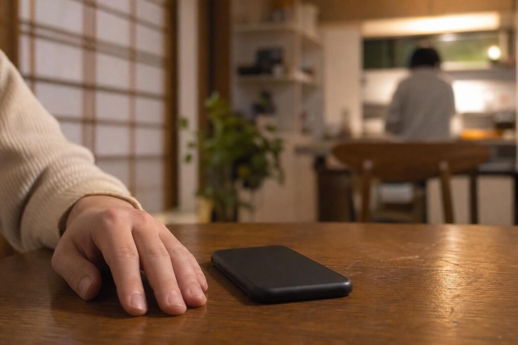 伏せたスマホのそばに置かれた手元のイメージ