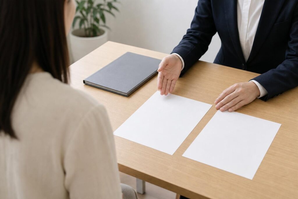 専門家に相談する場面の後ろ姿のイメージ
