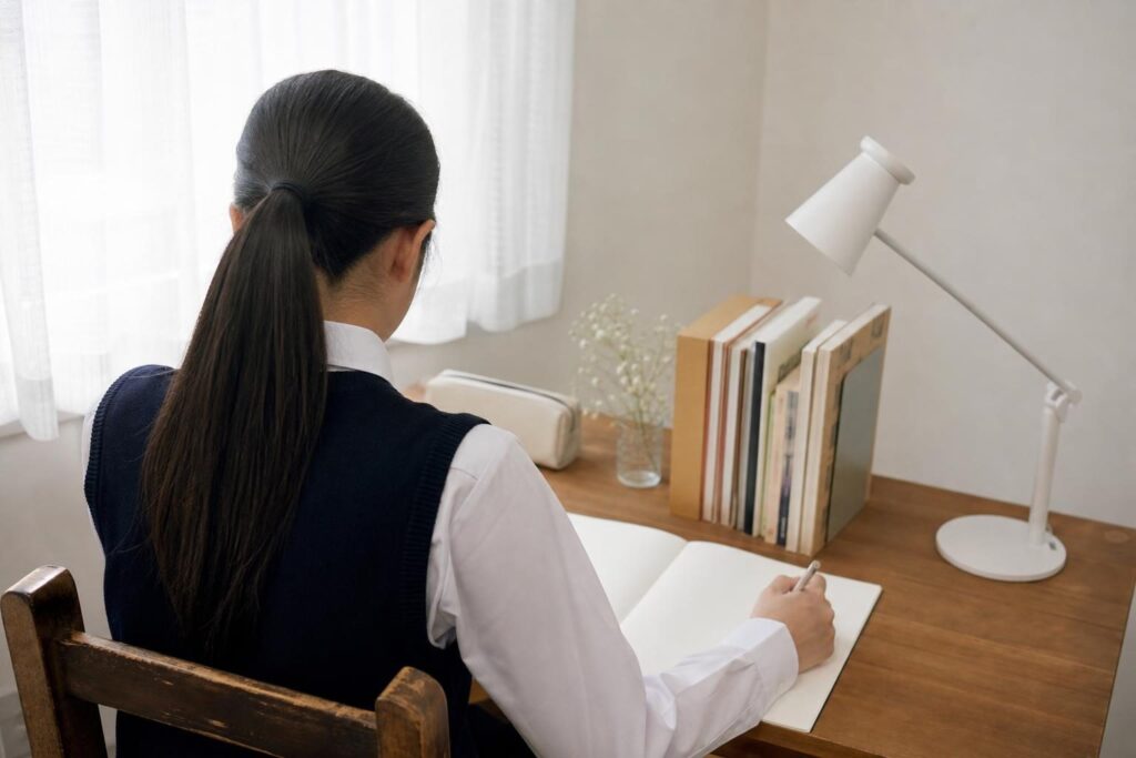机で参考書に向かう学生の後ろ姿