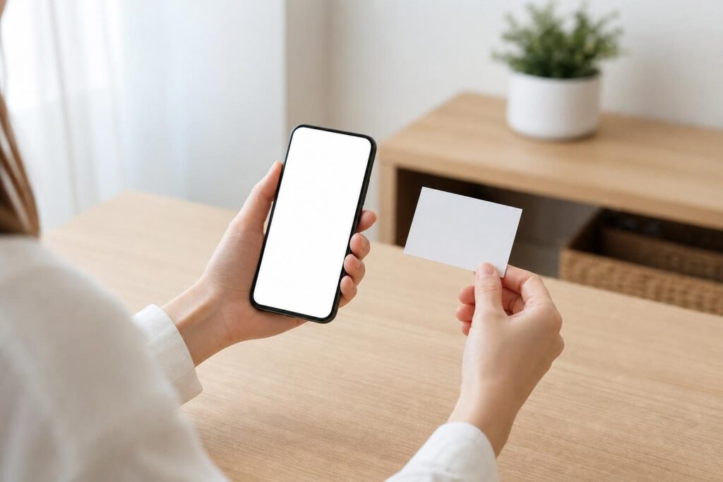 スマホとカードを見比べて確認する人の手元