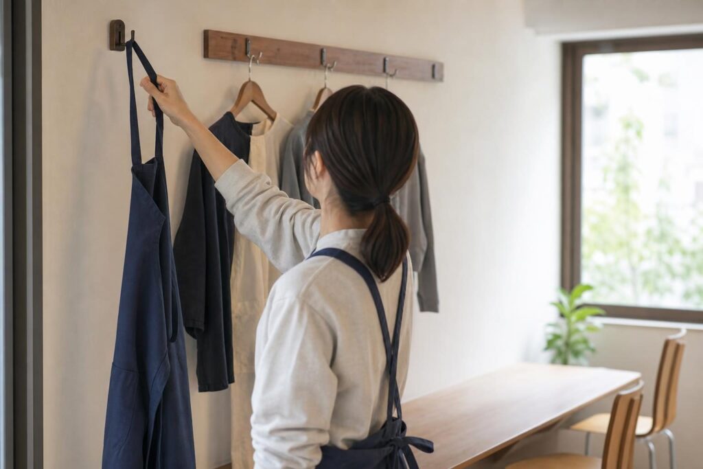 休憩室で無地のエプロンを掛ける手元