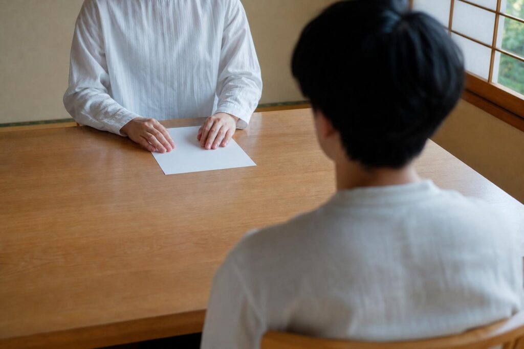 会議室で話し合う様子を後ろから見た構図