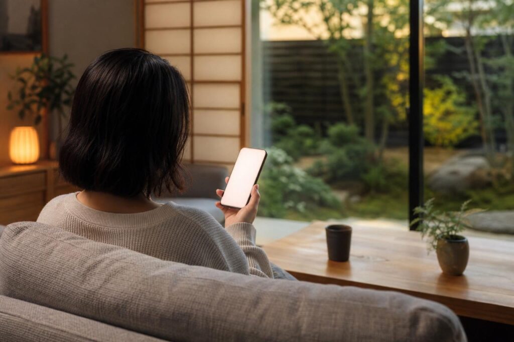 スマートフォンを手に考え込む後ろ姿