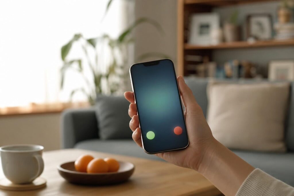 光る画面のスマートフォンを持つ手元