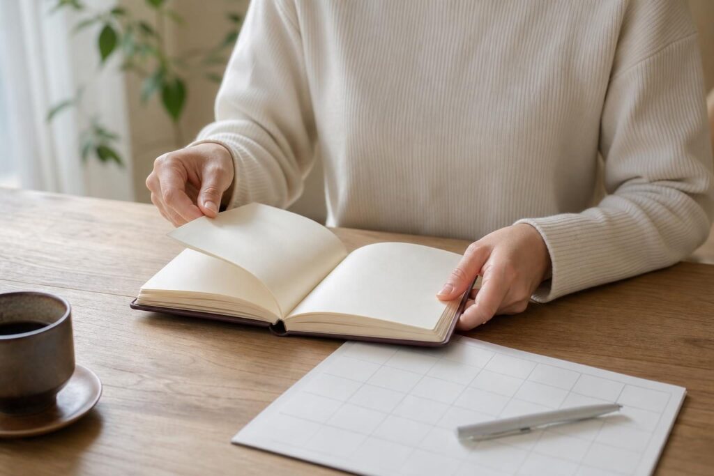 メモ帳や書類を確認する手元の様子