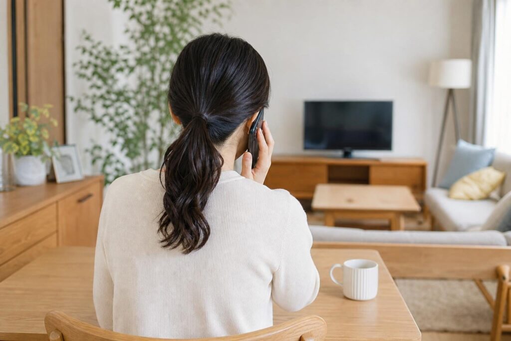 電話で相談する人の後ろ姿