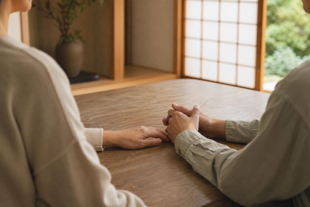 テーブルで寄り添う家族の手元