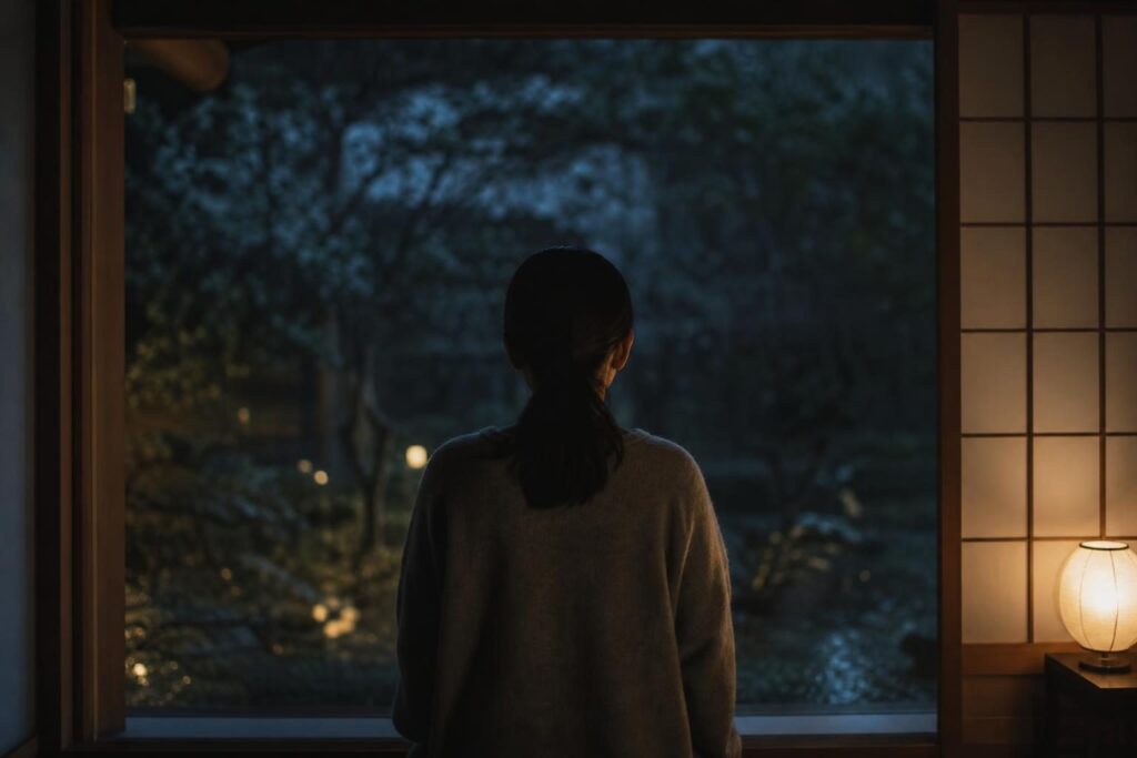 夜、窓辺に立つ後ろ姿の人