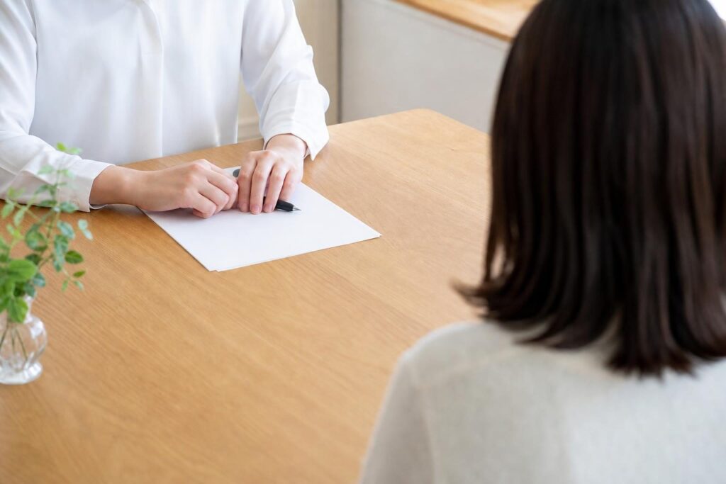 相談室のテーブルで相談する人の後ろ姿と手元
