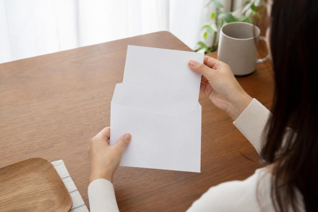 封筒を開封して通知書を確認する手元