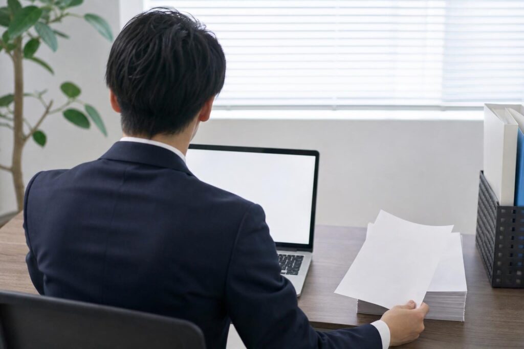 パソコンと書類を確認するオフィスの後ろ姿