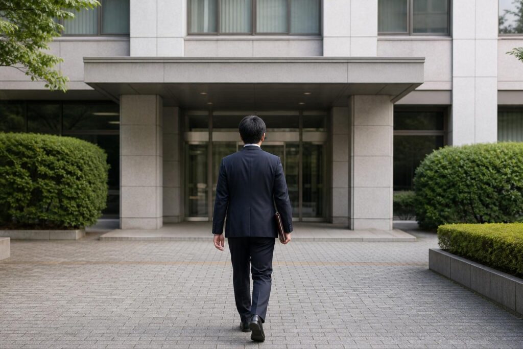 公務員らしき人物が庁舎へ向かう後ろ姿