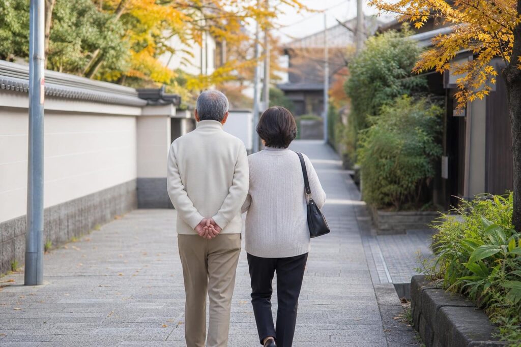 住宅街を歩く年配の夫婦の後ろ姿