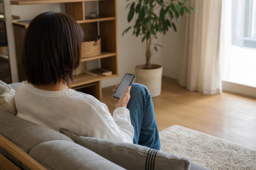 電話を待ちながらスマートフォンを見る後ろ姿の写真