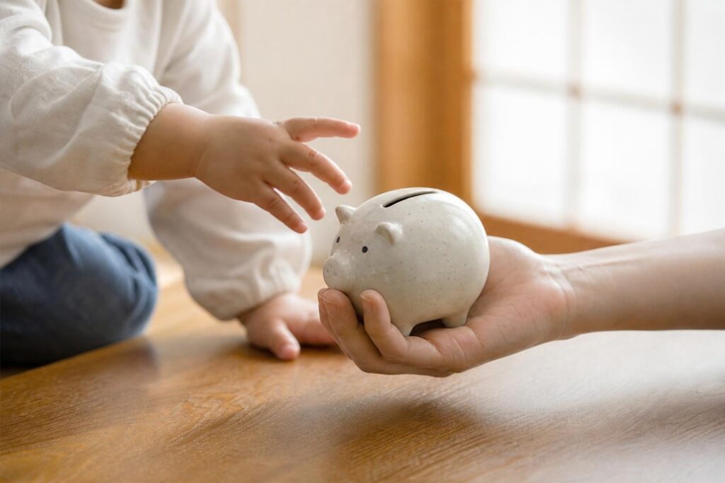 貯金箱に触れる親子の手、子育て費用のイメージ