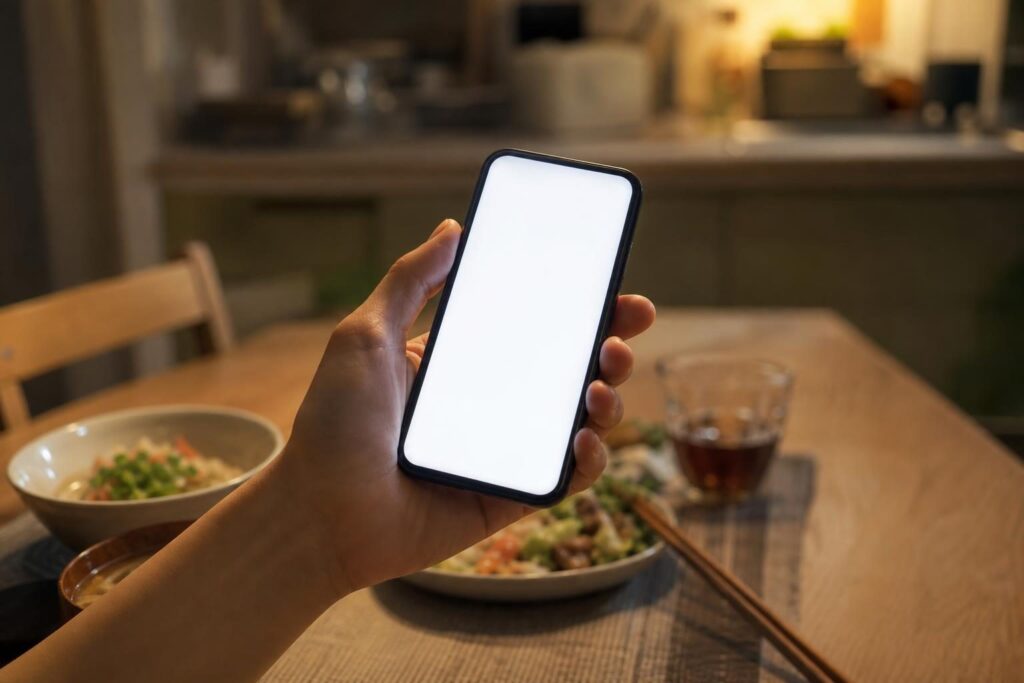 自宅でスマートフォンを手に持つ様子、問い合わせのイメージ