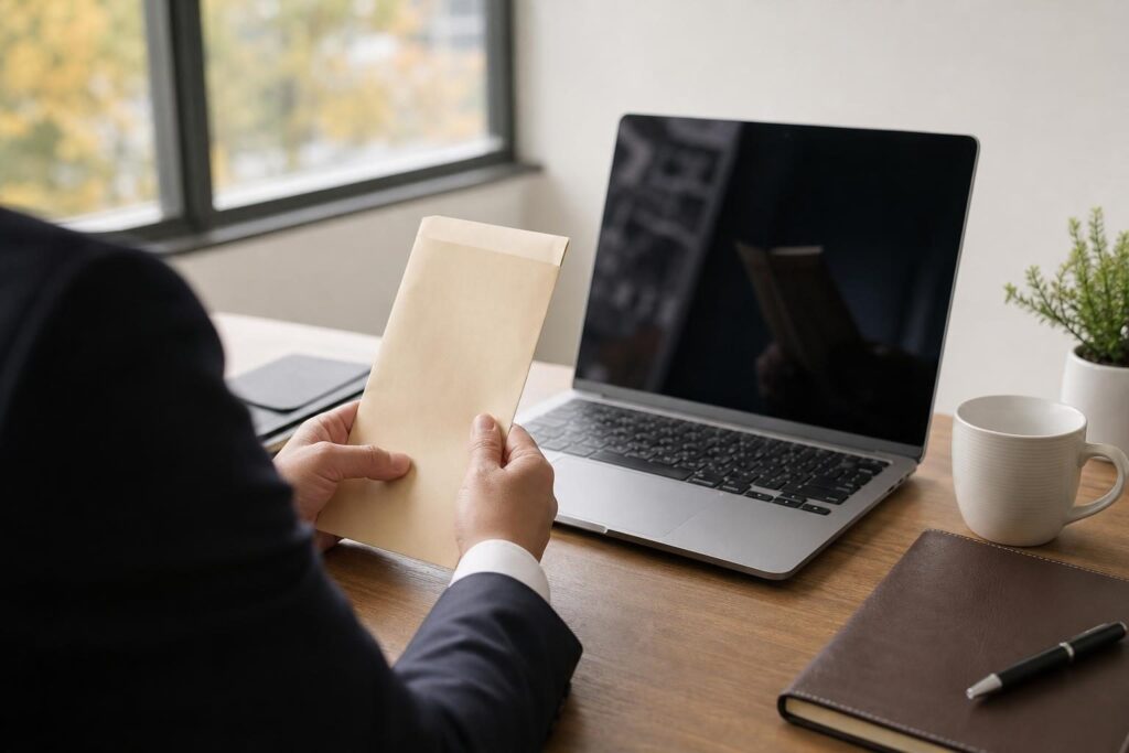 給与明細の封筒を手に取る会社員の手元