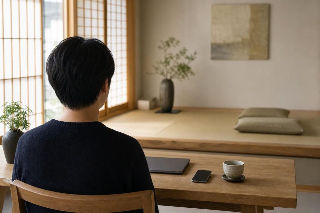 閉じたパソコンと伏せたスマホを前にする人の後ろ姿