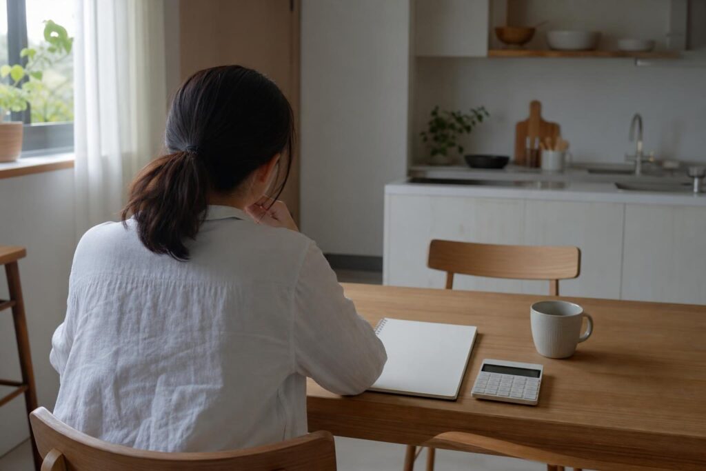 ノートと電卓を前に家計を考える人の後ろ姿
