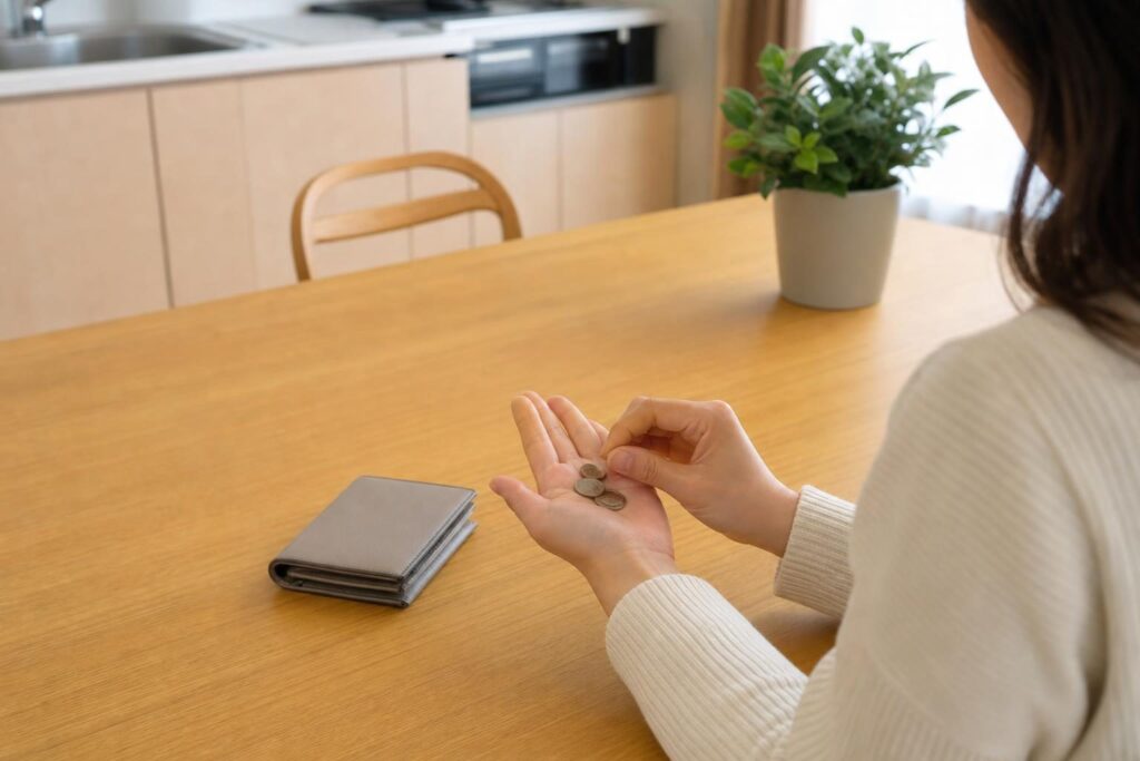 閉じた財布の横で小銭を数える手元
