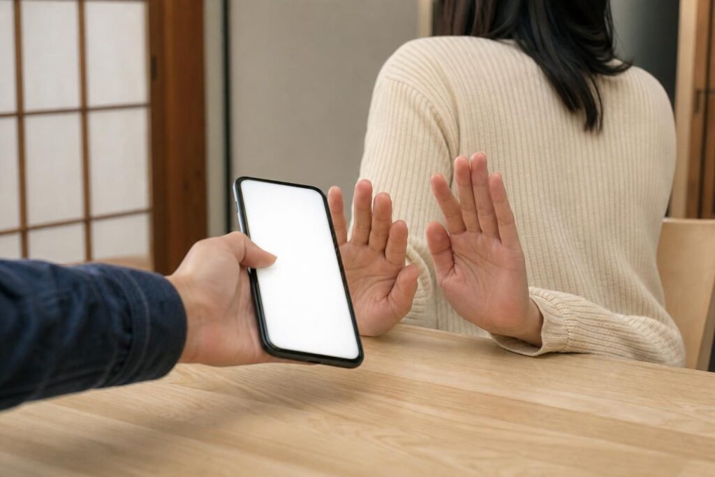 光るだけの画面のスマートフォンを押し返す手