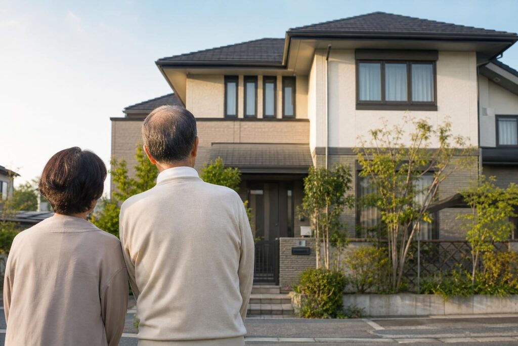 自宅の前に立つ後ろ姿の高齢夫婦