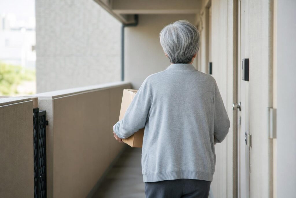 荷物を持って廊下を歩く後ろ姿の高齢者