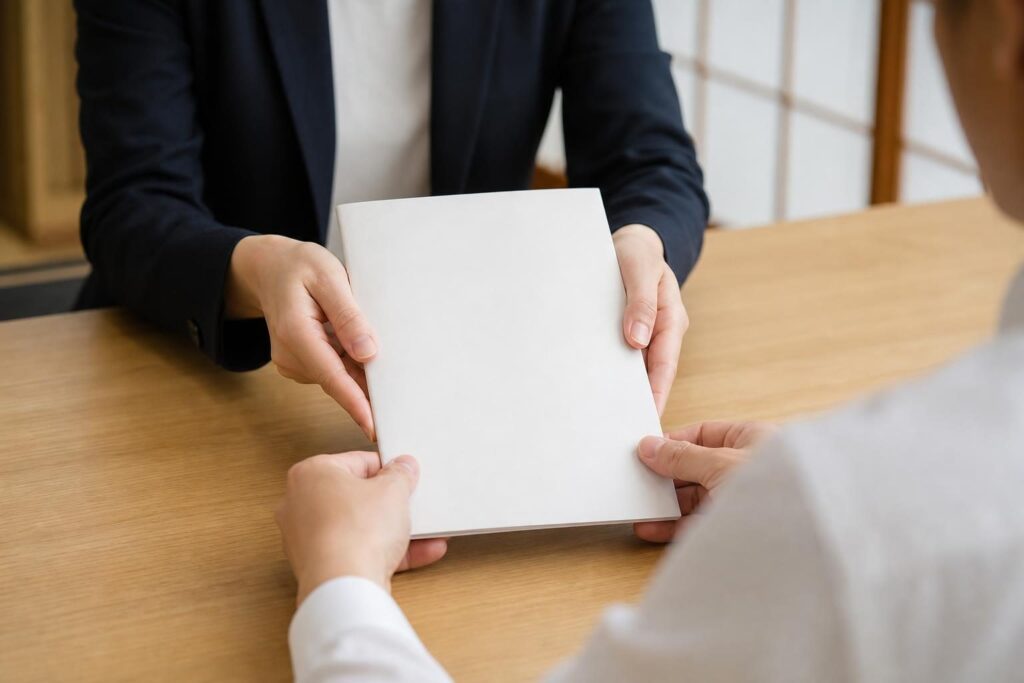 契約書らしき冊子を手に取る手元