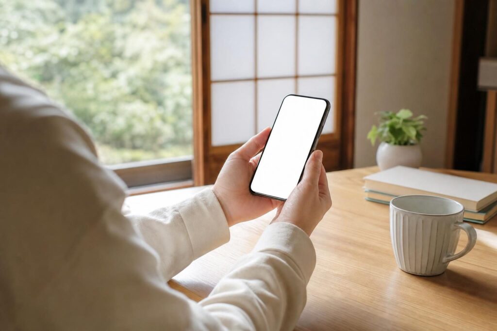 スマートフォンで修理業者の広告を確認する様子