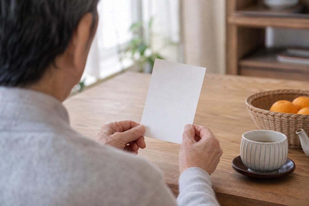 年金の通知はがきを手に取る高齢者の手元