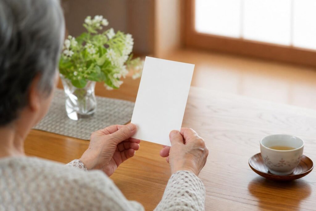 届いたはがきを手に取る高齢者の手元