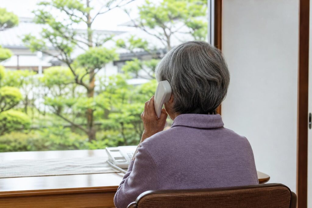 窓辺で電話をかける高齢者の後ろ姿