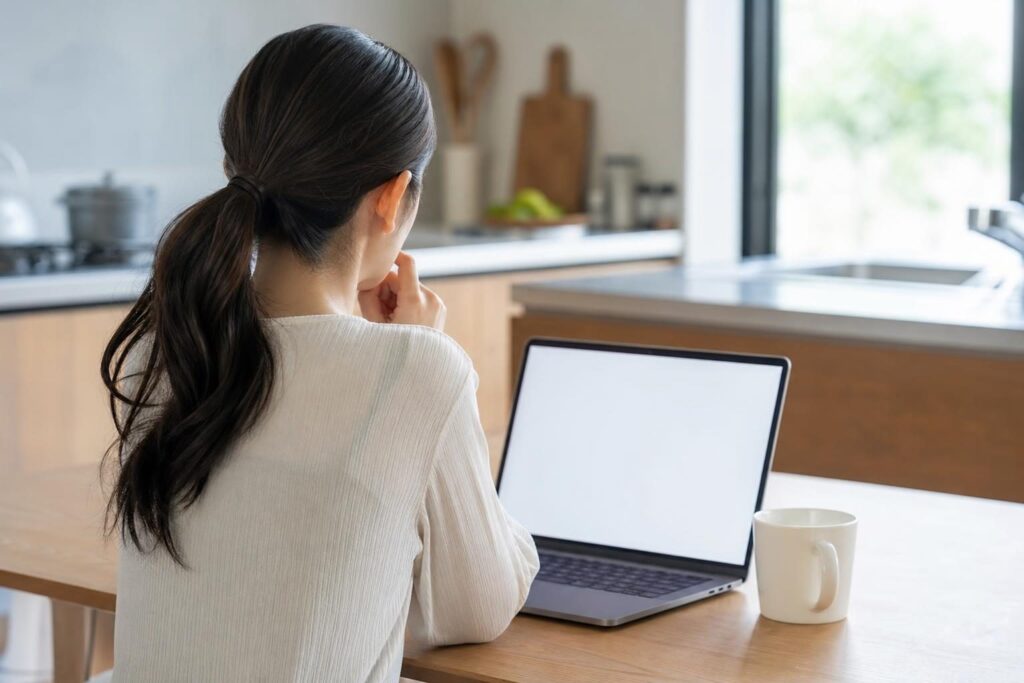 パソコンで確認作業をする後ろ姿の人物