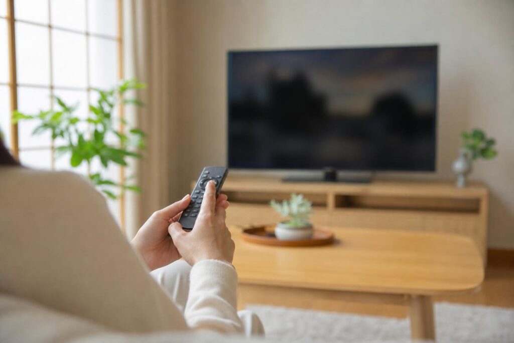 テレビのリモコンを持つ手元